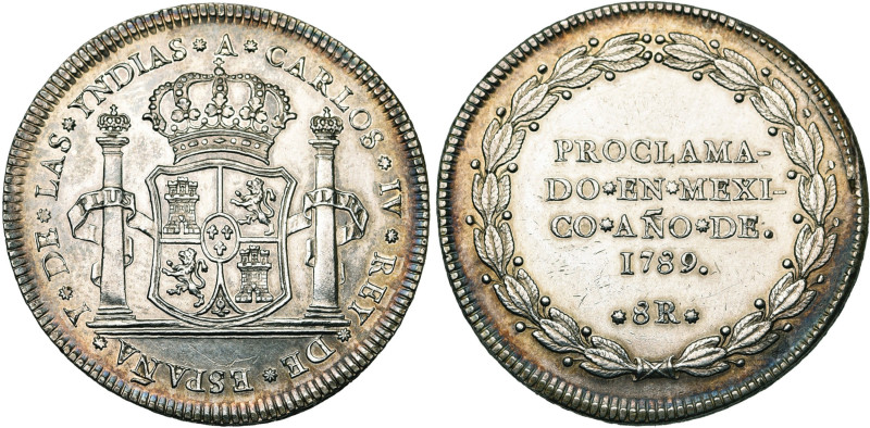 MEXIQUE, Charles IV (1788-1808), AR 8 reales, 1789. Proclamation à Mexico. D/ Ec...