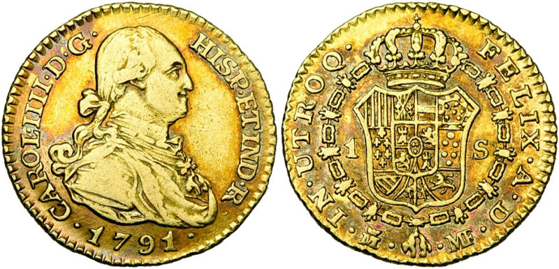 ESPAGNE, Charles IV (1788-1808), AV escudo, 1791 MF, Madrid. D/ B. à d. R/ Ecu c...