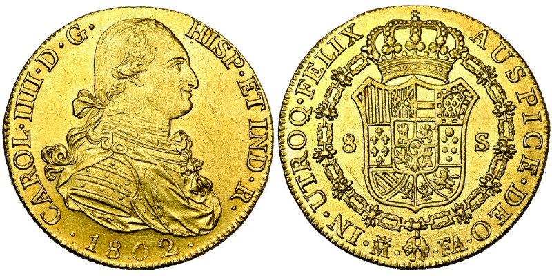 ESPAGNE, Charles IV (1788-1808), AV 8 escudos, 1802 FA, Madrid. D/ B. dr. et cui...