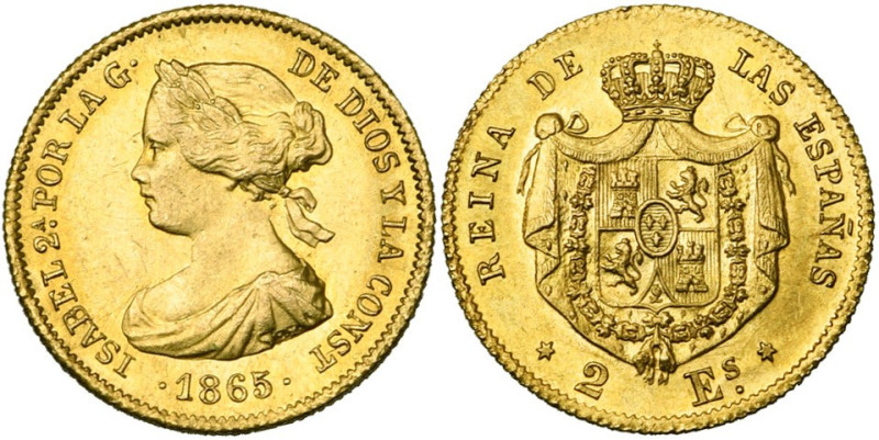 ESPAGNE, Isabelle II (1833-1868), AR 2 escudos, 1865, Madrid. A.C. 675; Fr. 338....