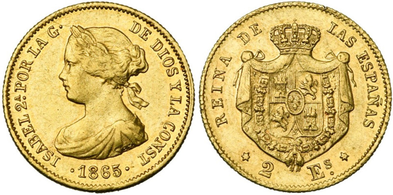 ESPAGNE, Isabelle II (1833-1868), AR 2 escudos, 1865, Madrid. A.C. 675; Fr. 338....