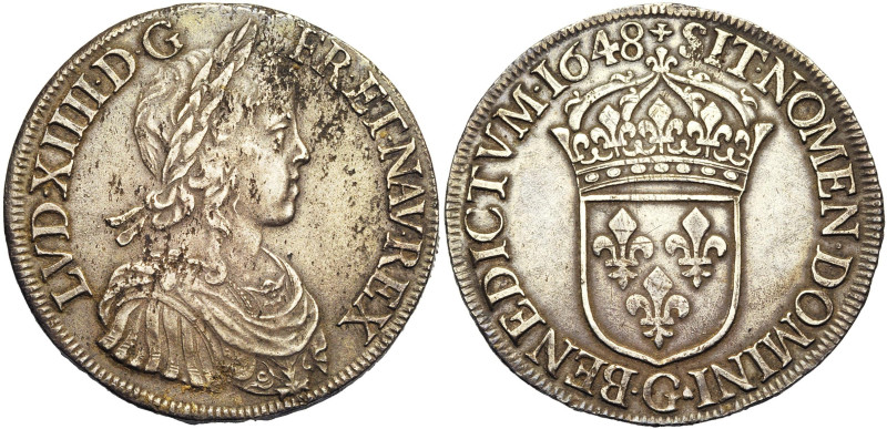 FRANCE, Royaume, Louis XIV (1643-1715), AR écu à la mèche longue, 1648 G, Poitie...