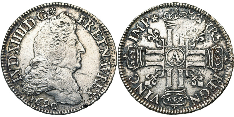 FRANCE, Royaume, Louis XIV (1643-1715), AR demi-écu aux huit L, 1690 A, Paris. 1...