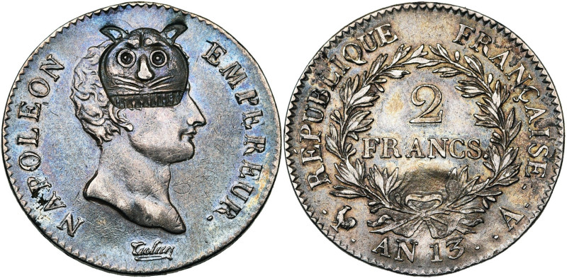 FRANCE, Napoléon Ier (1804-1814), AR 2 francs, an 13 A, Paris. Contremarquée d'u...