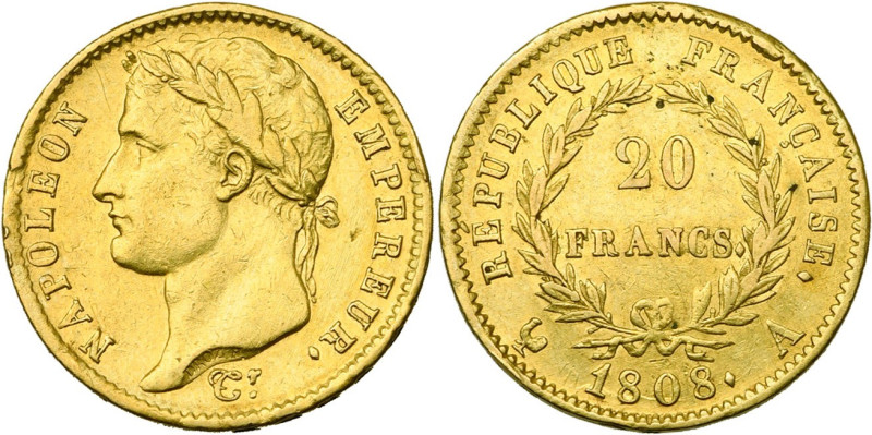 FRANCE, Napoléon Ier (1804-1814), AV 20 francs, 1808 A, Paris. Gad. 1024; Fr. 49...