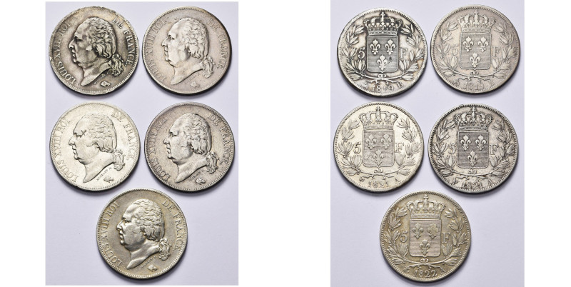 FRANCE, Louis XVIII, seconde restauration (1815-1824), lot de 5 p.: 5 francs, 18...