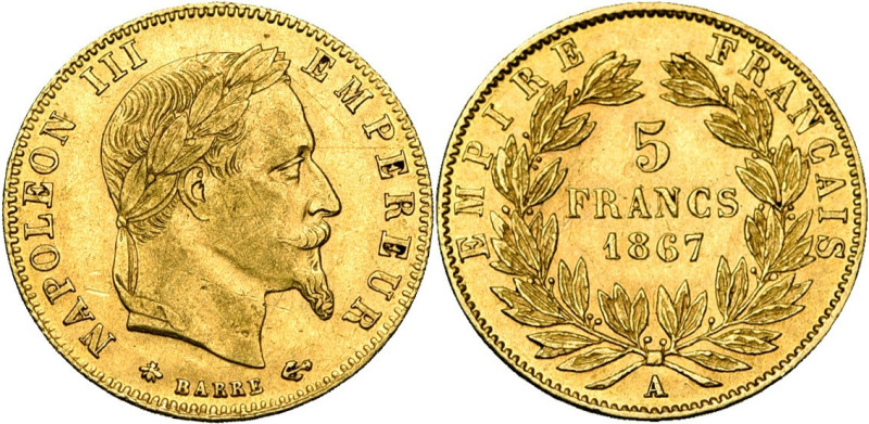 FRANCE, Napoléon III (1852-1870), AV 5 francs, 1867 A, Paris. Gad. 1002; Fr. 588...