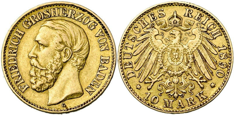 ALLEMAGNE, BADE, Friedrich Ier (1856-1907), AV 10 Mark, 1890 G. J. 188; A.K.S. 1...