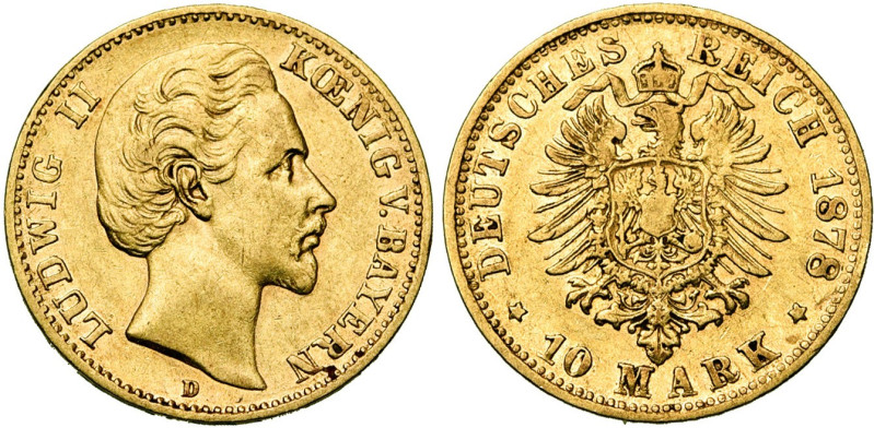 ALLEMAGNE, BAVIERE, Ludwig II (1864-1886), AV 10 Mark, 1878 D. J. 196; A.K.S. 19...