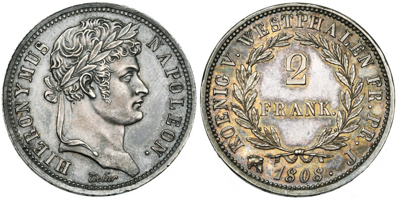 ALLEMAGNE, WESTPHALIE, Jérôme Napoléon (1807-1813), AR 2 Franken, 1808 J, Paris....