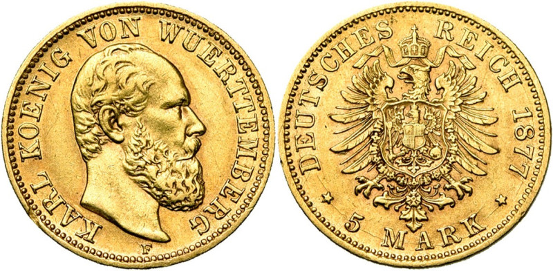 ALLEMAGNE, WURTEMBERG, Karl (1864-1891), AV 5 Mark, 1877 F. J. 291; Fr. 3875. Lé...