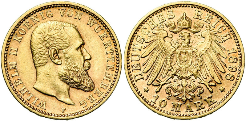 ALLEMAGNE, WURTEMBERG, Wilhelm II (1891-1918), AV 10 Mark, 1898 F. J. 295; A.K.S...