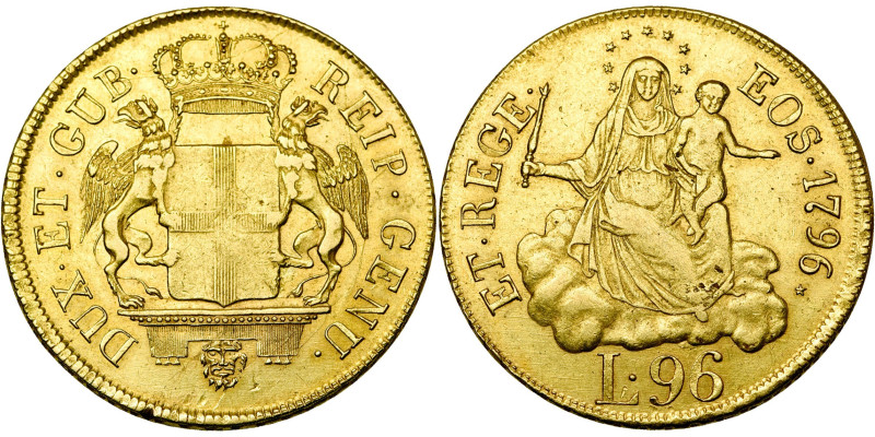 ITALIE, GENES, Dogi biennali (1528-1797), AV 96 lire, 1796. D/ Ecu couronné, ten...