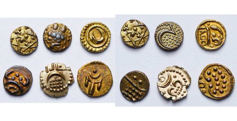 INDIA, lot of 6 gold fanams: Mysore, Kanthirava Narasa I; Krishna Raja Wodeyar; ...