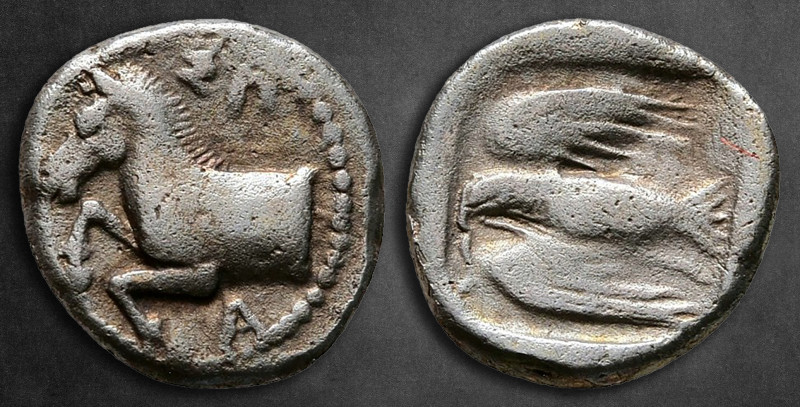 Kings of Thrace. Olynthos (?). Sparadokos 445-435 BC. 
Diobol AR

11 mm, 1,01...