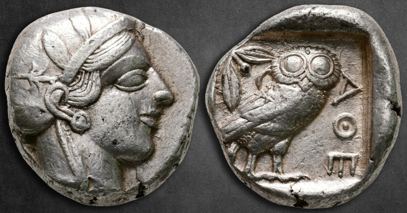 Attica. Athens circa 454-404 BC. 
Tetradrachm AR

13 mm, 17,16 g

Helmeted ...