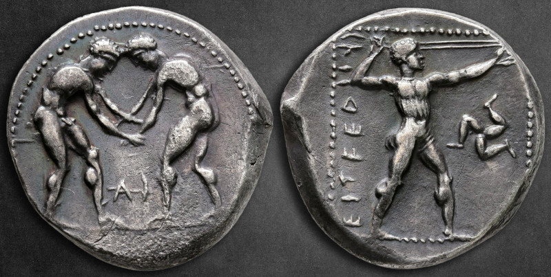 Pamphylia. Aspendos circa 380-330 BC. 
Stater AR

22 mm, 10,40 g

Two wrest...