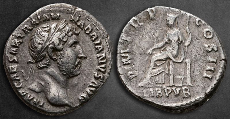 Hadrian AD 117-138. Rome
Denarius AR

18 mm, 2,86 g

IMP CAESAR TRAIAN HADR...