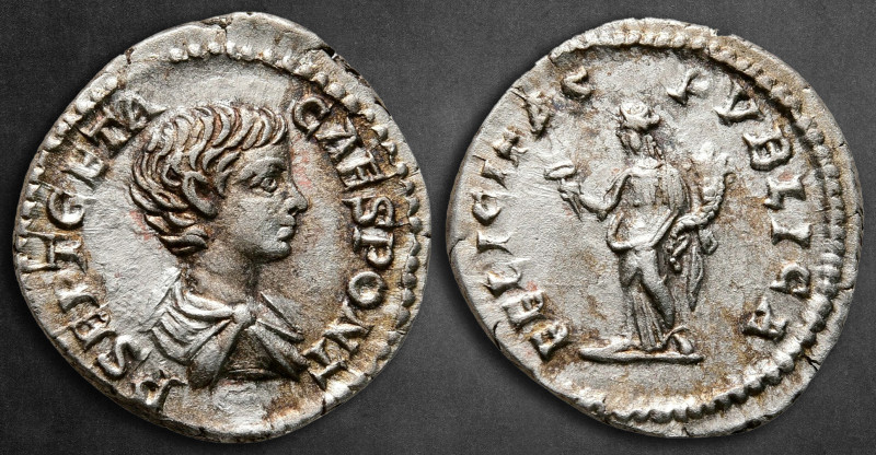 Geta, as Caesar AD 198-209. Rome
Denarius AR

18 mm, 2,86 g

P SEPT GETA CA...