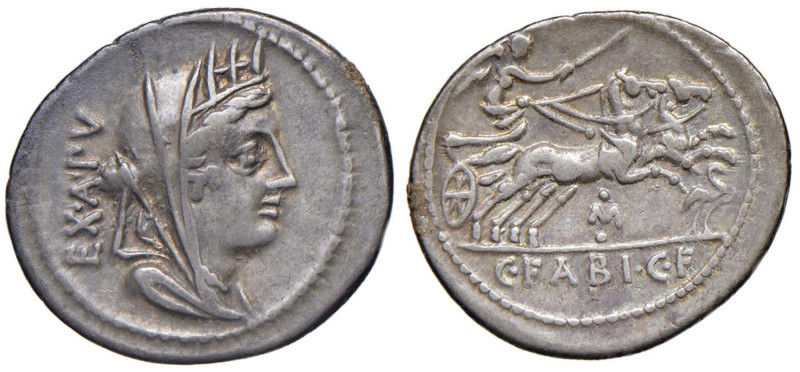 Fabia - C. Fabius C. f. Hadrianus - Denario (102 a.C.) Testa velata di Cibele a ...