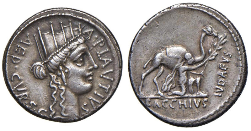 Plautia - A. Plautius - Denario (55 a.C.) Testa di Cibele a d. - R/ Il re Bacchi...