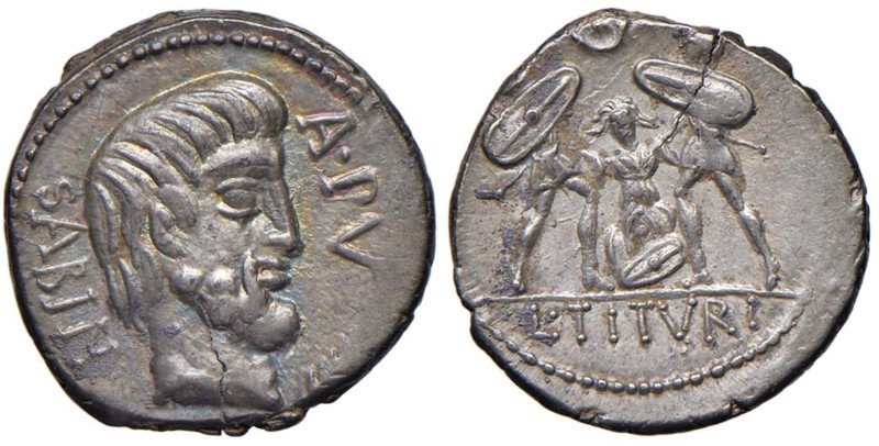 Tituria - L. Titurius - Denario (89 a.C.) Testa di Tazio a d. - R/ Tarpeia tra d...