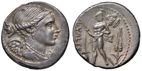 Valeria - L. Valerius Flaccus - Denario (108-107 a.C.) Busto della Vittoria a d. - R/ Marte andante a s. - B. 11; Cr. 306/1 AG (g 3,91) Bellissima pat...