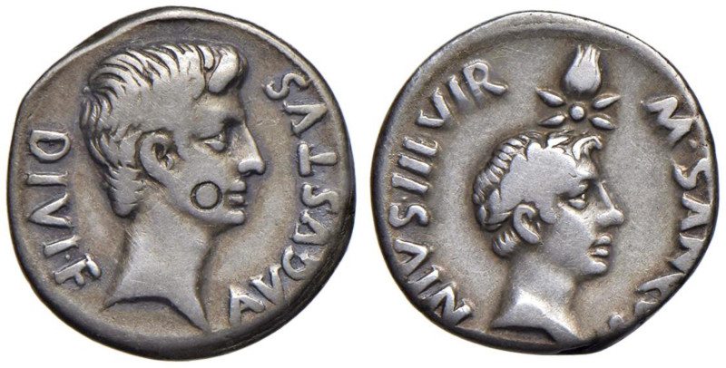 Augusto (27 a.C.-14 d.C.) Denario (monetario M. Sanquinius) - Testa a d. - R/ Te...