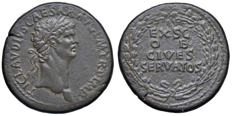 Claudio (41-56) Sesterzio - Testa laureata a d. - R/ EX SC OB CIVES SERVATOS, sc...