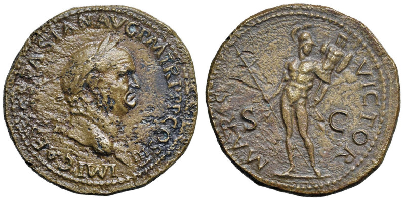 Vespasiano (69-79) Sesterzio - Busto laureato a d. - R/ Marte stante di fronte -...