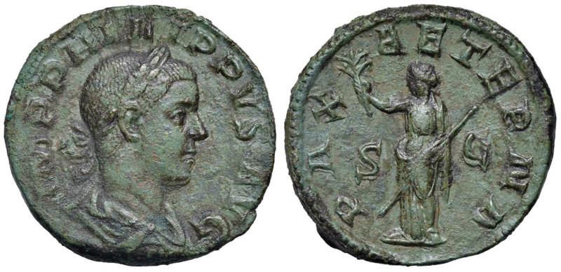 Filippo II (244-249) Sesterzio - Busto laureato a d. - R/ La Pace stante a s. - ...