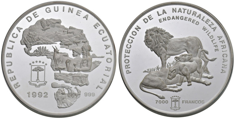 GUINEA EQUATORIALE 7.000 Franchi 1992 Endangered wildlife - Lions - AG (g 500 ti...