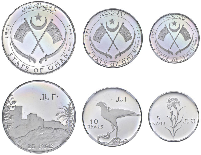 OMAN 20, 10 e 5 Ryals 1971 Exile coinage - Munt. 322a CU (g 10,50) Lotto di tre ...