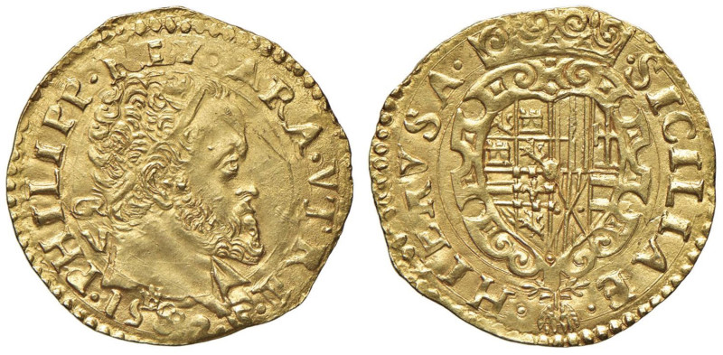 NAPOLI Filippo II (1554-1598) Scudo d'oro 1582 simbolo torre sopra la data - Mag...