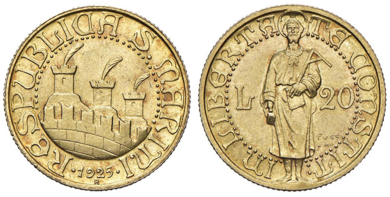 SAN MARINO 20 Lire 1925 - Gig. 1 AU (g 6,44) RR

qFDC