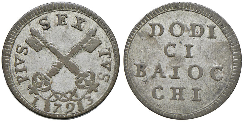 Pio VI (1775-1799) Muraiola da 12 baiocchi 1793 - Nomisma 113 MI (g 7,75) RR Buo...