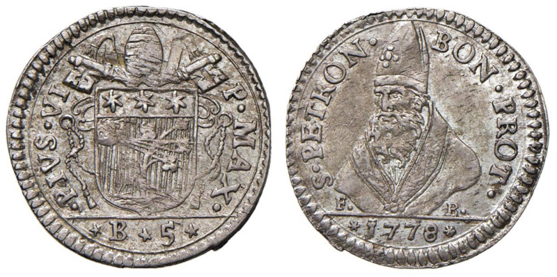 Pio VI (1775-1799) Bologna - 5 Baiocchi 1778 - Munt. 229 AG (g 1,63) Rarissimo i...