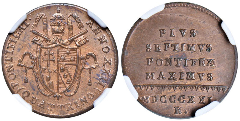Pio VII (1800-1823) Quattrino 1821 A. XXII - Nomisma 302 CU R In slab NGC MS 63 ...