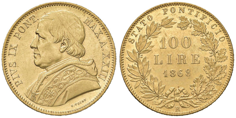 Pio IX (1846-1878) 100 Lire 1868 A. XXIII - Nomisma 618 AU (g 32,29) RRR Minimi ...