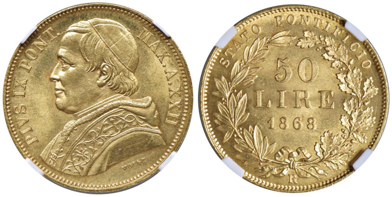 Pio IX (1866-1870) 50 Lire 1868 A. XXII - Nomisma 840 AU RRR Esemplare in conser...
