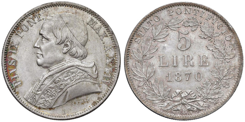 Pio IX (1846-1878) 5 Lire 1870 A. XXIV - Nomisma 860 AG (g 25,00)

SPL+/qFDC