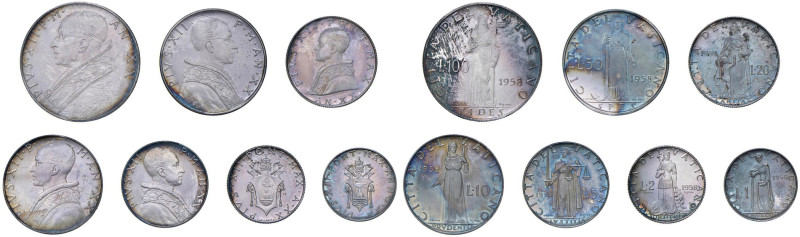 Pio XII (1939-1958) Serie di prova in argento 1958 A. XX - AG RRR Lotto di 7 mon...