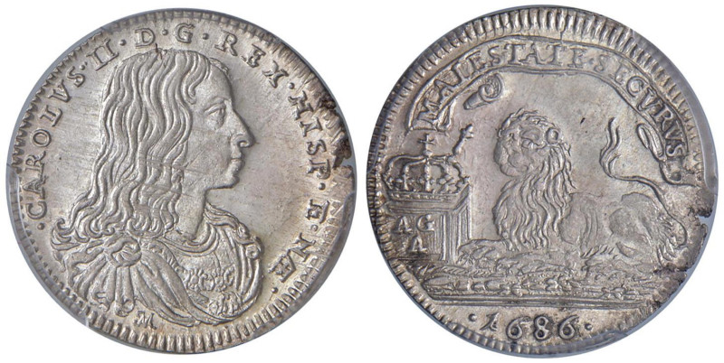 NAPOLI Carlo II d'Asburgo (1674-1700) Carlino 1686 - Magl. 36 AG In slab PCGS MS...