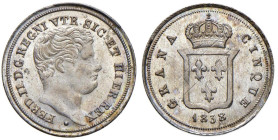 NAPOLI Ferdinando II di Borbone (1830-1859) 5 Grana 1838 - Nom. 1077 AG (g 1,16) Esemplare dai magnifici fondi

FDC