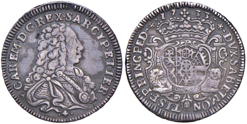 Carlo Emanuele III (1730-1773) Ottavo di scudo 1733 - Nomisma 22 AG (g 3,70) RRR...