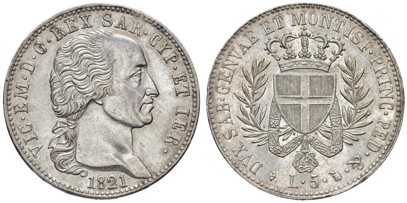 Vittorio Emanuele I (1802-1821) 5 Lire 1821 - Nomisma 520 AG RRR Ottimo esemplar...