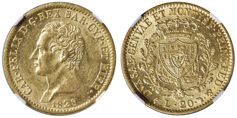Carlo Felice (1821-1831) 20 Lire 1828 T L - Nomisma 549 AU In slab NGC MS 62 663...