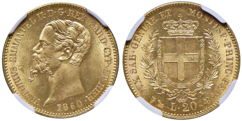 Vittorio Emanuele II (1849-1861) 20 Lire 1860 G - Nomisma 760 AU In slab NGC MS ...