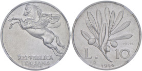 REPUBBLICA ITALIANA (1946-) 10 Lire 1946 Prova - PP 723 IT RRR Nell' asta Nomisma 55 del 2017, lotto 2258, un esemplare classificato FDC, ha realizzat...