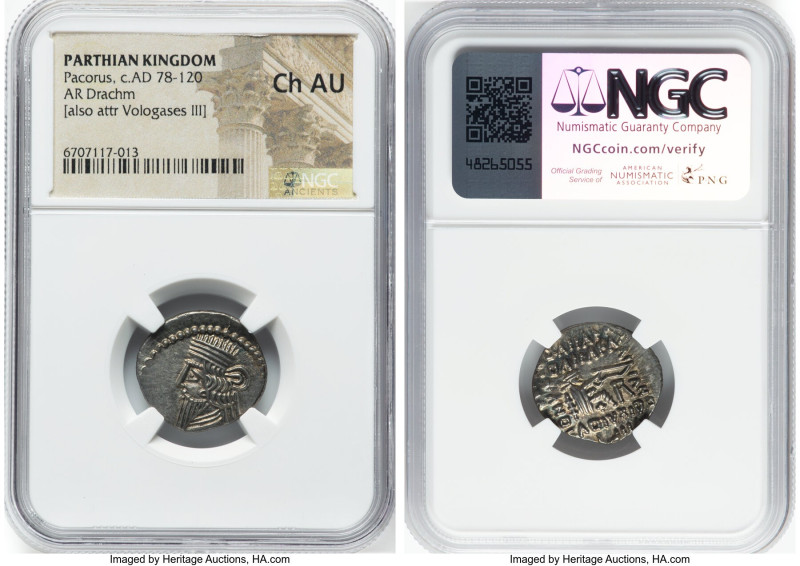 PARTHIAN KINGDOM. Pacorus I (ca. AD 78-120). AR drachm (20mm, 11h). NGC Choice A...